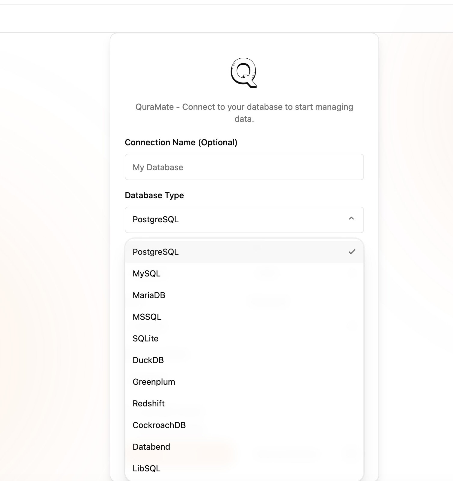 QuraMate database type selector